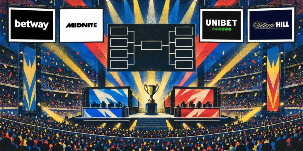 A stadium grand final poster: four hanging banners carry the real logos of Betway and Midnite on the left, Unibet and William Hill on the right, seeded by our rating, either side of a blank bracket board above the trophy