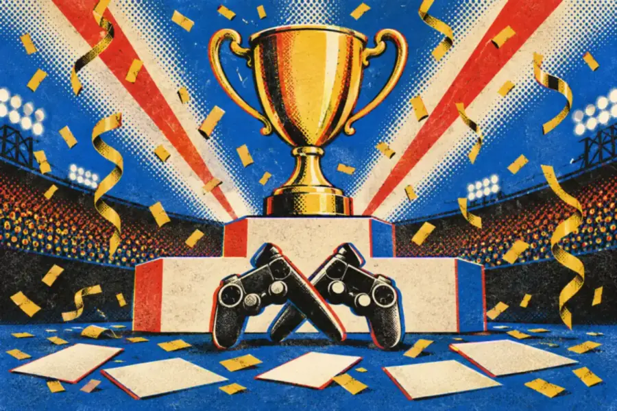 Trophy on a winners podium with confetti, crossed game controllers and blank betting slips, in the poster style of the site
